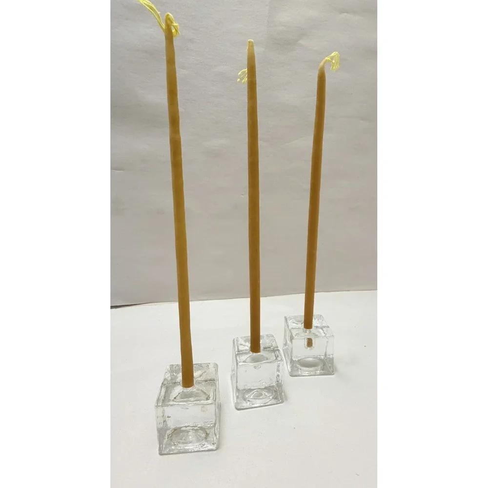Art Glass VTG Cube Candle Holder Taper Mini Beeswax Candles MCM 3PC Set Findland